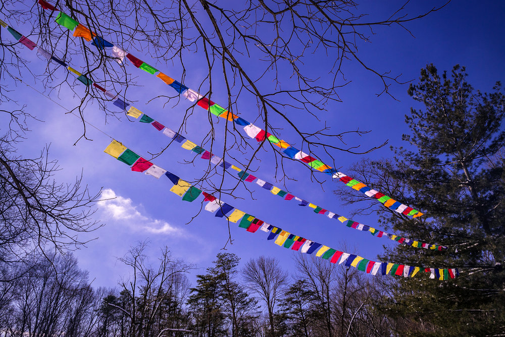 Prayer flags against blue skies